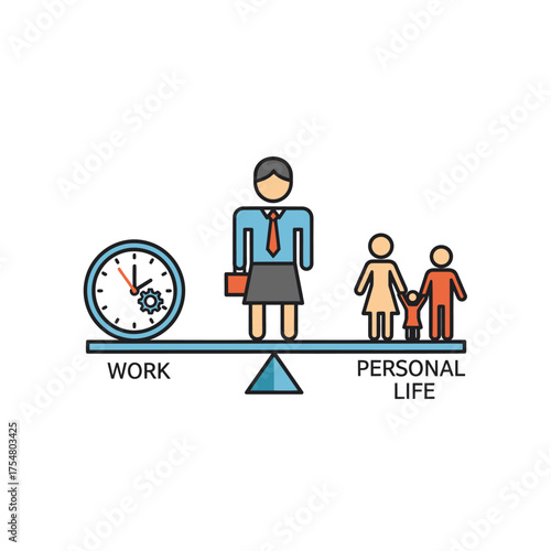 Work Life Balance Concept with Woman and Family on Scale.
