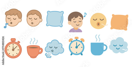Sleep and relaxation flat icons set – restful, soothing, dream symbols for bedtime
