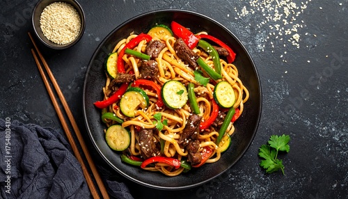 Wallpaper Mural A top-down shot showcasing a vibrant Asian-inspired stir-fry with udon noodles, colorful veggies, and beef, with sesame garnish Torontodigital.ca