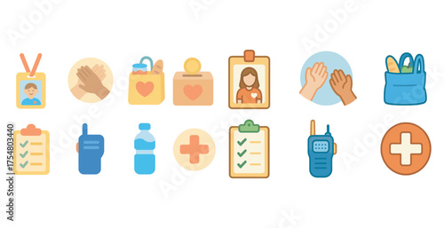 Volunteer support solid icons set – filled, donation, community service symbols