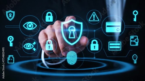 Cybersecurity concept hand touching a digital shield with a keyhole, surrounded by icons of an eye, locks, and a credit card, representing data protection and online security