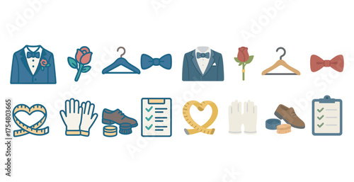 Formal wear and accessories flat icons set – attire, suit and fashion symbols