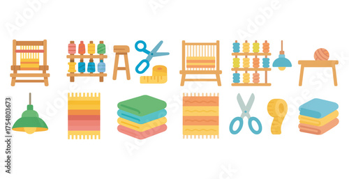 Weaving and textile flat icons set – yarn, fabric, sewing and craft symbols