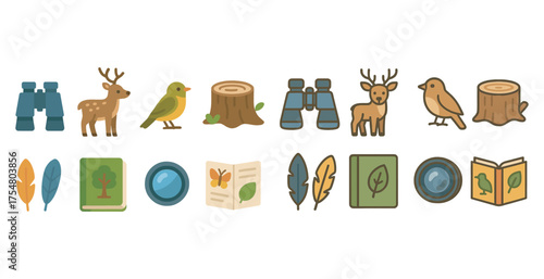Nature exploration flat icons set – outdoor, wildlife, adventure graphics