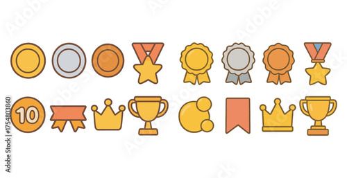 Awards and achievements icons set – flat, outline, trophy and medal symbols collection