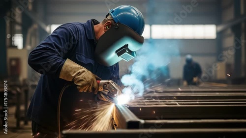 A skilled metalworker is grinding metal with an angle grinder, creating sparks and smoke in a factory setting