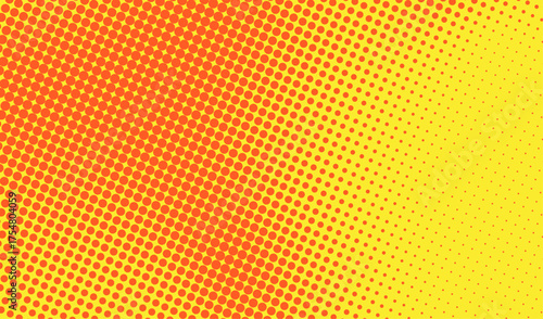 Retro comic-style halftone pattern with large red dots over a yellow gradient. Bright and energetic pop art background.