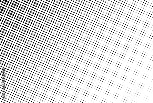 Diagonal black halftone dot gradient on white background. Vector illustration for abstract, modern, and retro-themed design.