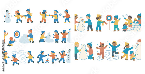 Winter activities icons set – flat, filled, snow play and children’s outdoor fun
