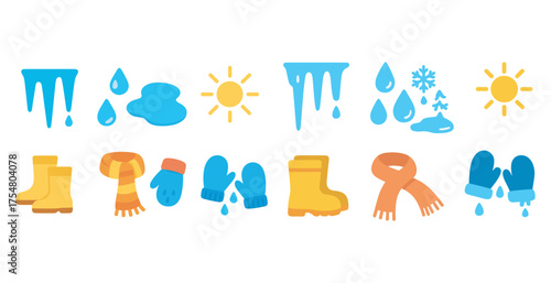 Weather and clothing icons set – flat, filled, seasonal and climate symbols