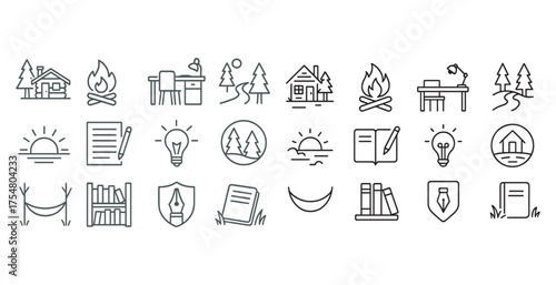Camping and outdoor adventure icons set – outline, linear, hiking and nature symbols