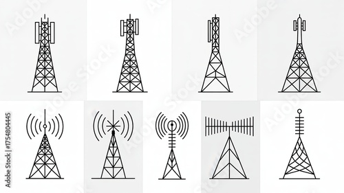 Set of communication tower icons minimalist line vector illustration for broadcasting isolated on white background
