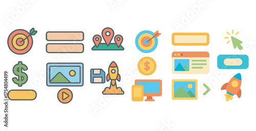 Business and marketing outline icons set – flat, solid, digital strategy symbols