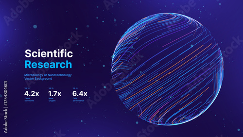 Abstract Science Cell Scientific Medical Research Background. Blue 3D Sphere Backdrop Particles Effect. Futuristic Chemistry Physics Microbiology Concept. Tech BG Vector Illustration.