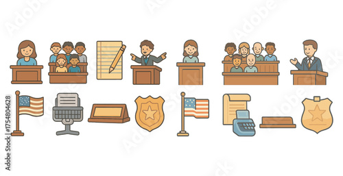Law and justice outline icons set – linear, filled, courtroom and legal symbols
