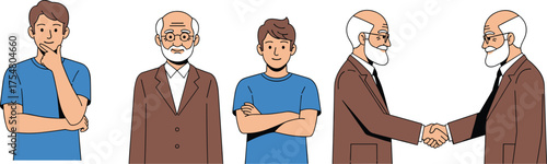Cartoon characters in generational interaction, handshake gesture, mentorship concept, thoughtful pose, anchor figure, emotional connection, vector illustration, storytelling, agreement