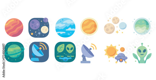 Space and astronomy flat icons set – planet, galaxy, telescope designs