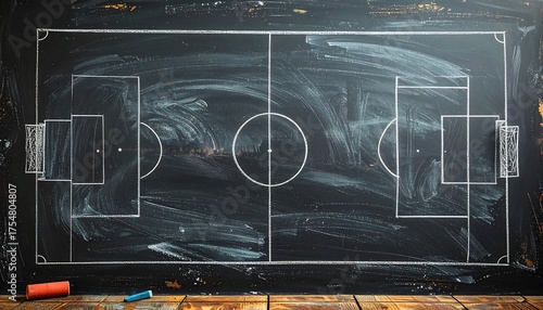A top-down view of a soccer field plan drawn with chalk on a black chalkboard, resting on a wood table