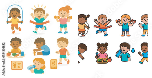 Children's fitness flat icons set – playful, fun, healthy lifestyle symbols