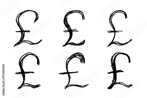 Set of hand drawn british pound currency symbol. Brush stroke doodle. Single element for design