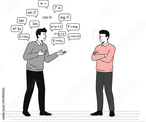 Cartoon characters in math discussion, expressive gestures, calculus symbols, algebra concepts, trigonometry, educational illustration, vector art, learning, emotion, debate
