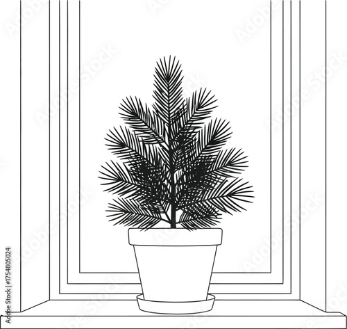 Potted plant window sill indoor home decor minimalist line art simple design