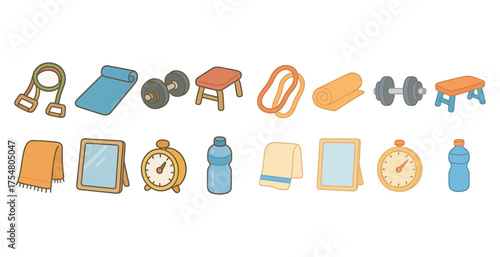 Home gym equipment icons set – flat, fitness, workout and exercise symbols
