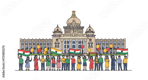 Illustration of a diverse group of people standing in front of a large building, holding colorful flags and balloons.