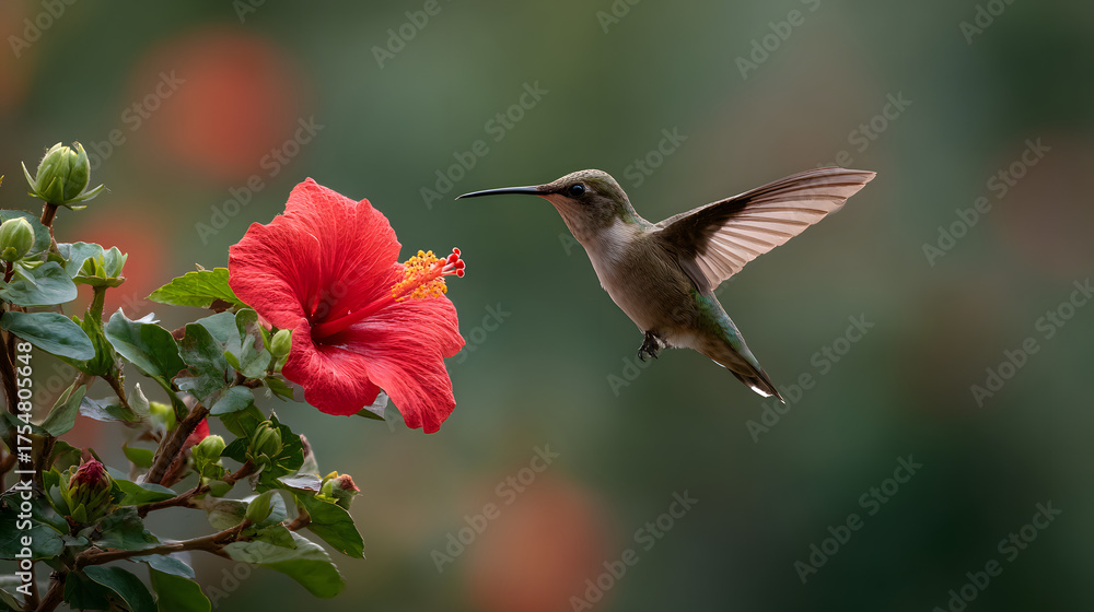 Naklejka premium Hummingbird hovers near a vibrant red hibiscus flower in natural light