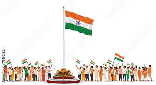 Illustration of a diverse crowd of people standing around a monument, waving Indian flags on a white background, conveying a celebratory mood.