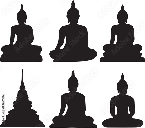 Six Black Silhouettes of Buddha Statues and Stupas