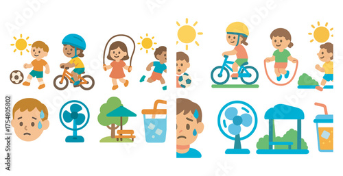 Outdoor activities flat icons set – summer, recreation, kids playing symbols