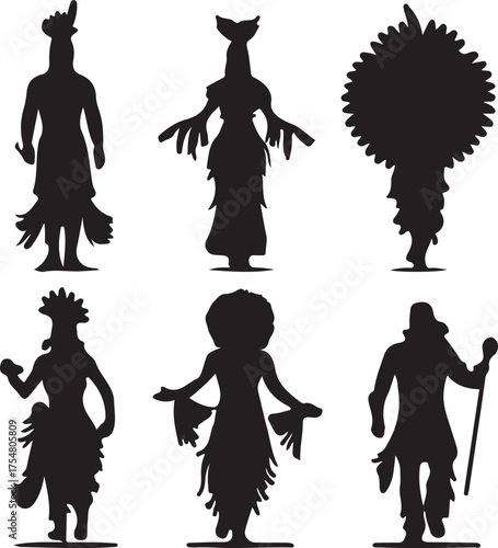 Six Silhouettes of Figures in Elaborate Costumes traditional