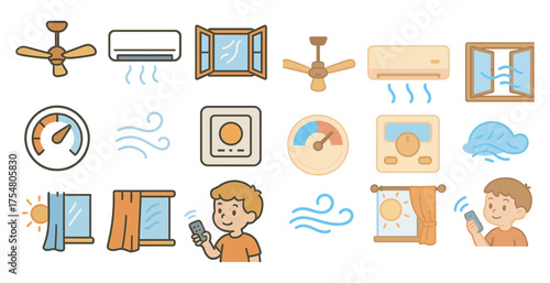 Home comfort line icons set – flat, filled, air conditioning and ventilation symbols