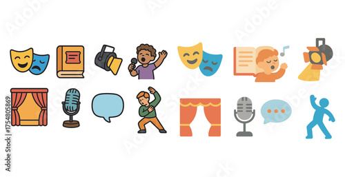 Theater and drama flat icons set – performance, acting, stage symbols