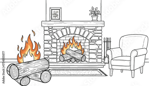 Fireplace logs fire armchair cozy home interior drawing cartoon illustration