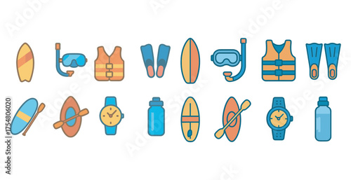 Water sports flat icons set – diving, kayaking, aquatic activities symbols