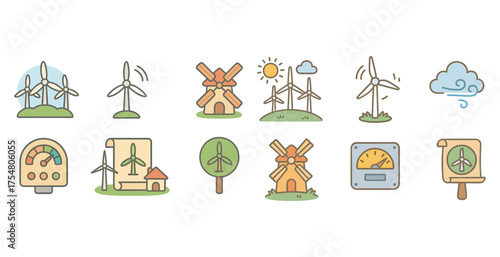 Wind energy outline icons set – renewable, sustainable, power generation symbols