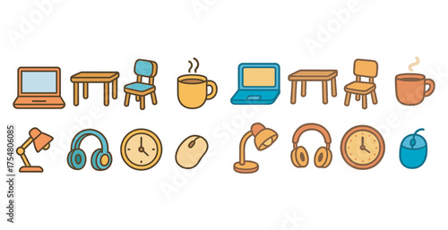 Home office line icons set – flat, outline, workspace and productivity symbols