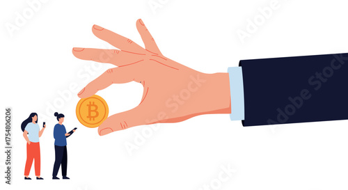 An illustration depicting a giant hand offering a bitcoin to two small individuals.