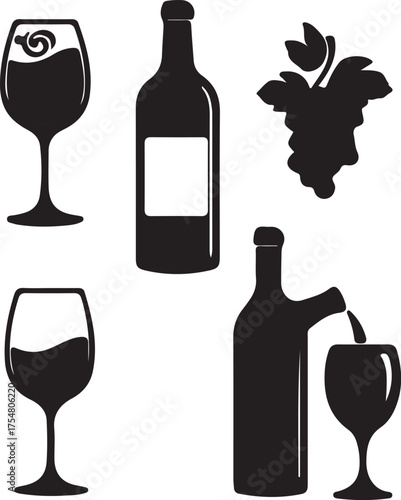Wine Icons Silhouette Set glass bottle