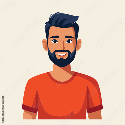 Smiling bearded man in a vibrant orange t-shirt, cheerful face, dark hair, light background, vector illustration