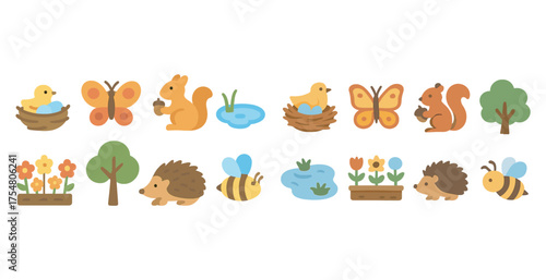 Nature and wildlife icons set – flat, filled, animal and natural habitat symbols