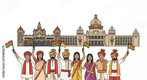 Illustration of diverse people in traditional Indian attire holding flags in front of a large building with a vibrant and celebratory mood.