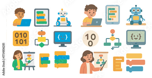 Programming and coding flat icons set – educational, tech symbols for learning