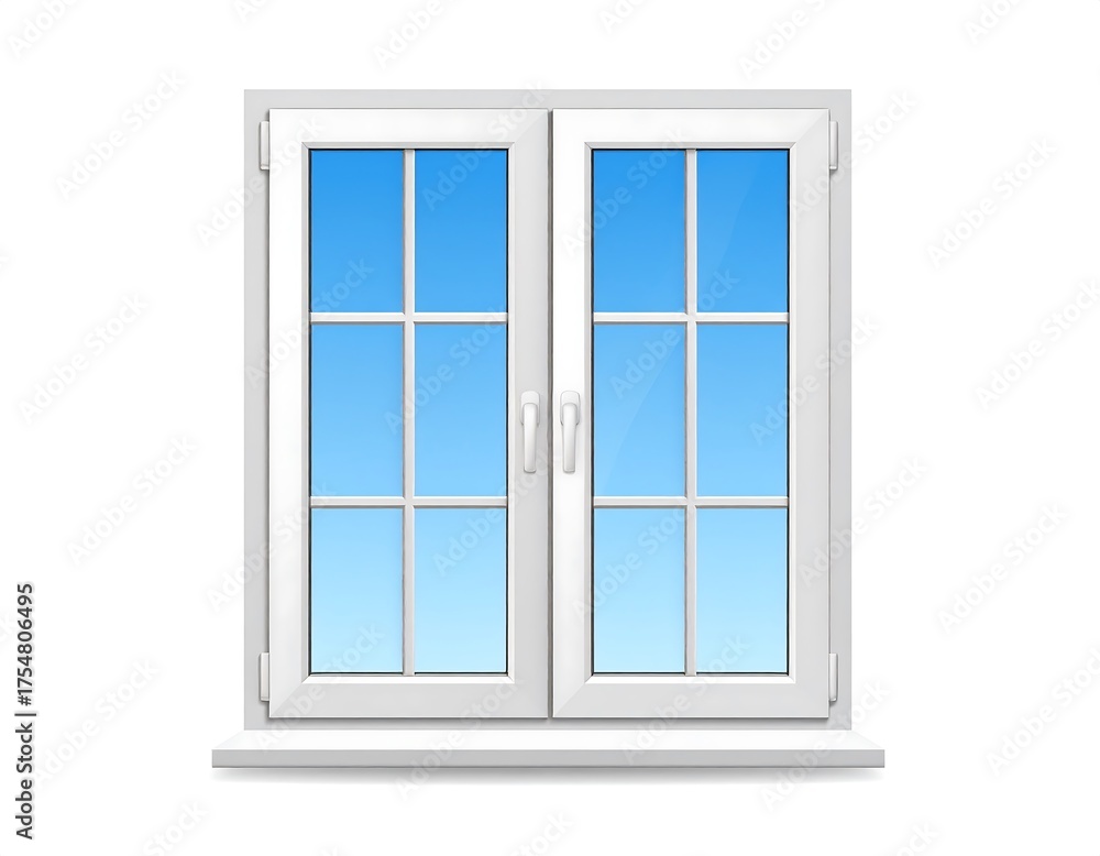 Fototapeta premium White double-hung window against a light blue sky. Realistic illustration