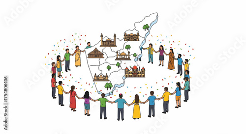Illustration of diverse people holding hands around a map of India with various cultural and architectural icons, conveying unity and diversity in a vibrant and colorful style.