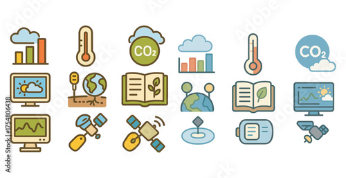 Climate change and environment icons set – flat, filled, eco-friendly symbols