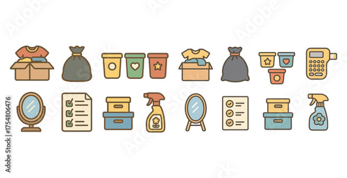 Cleaning and organization icon set - flat, filled, housekeeping and decluttering symbols
