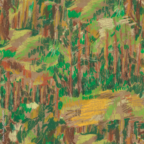 Seamless pattern landscapes painted with wax crayons. Nature, botanical print with oil pastel.
